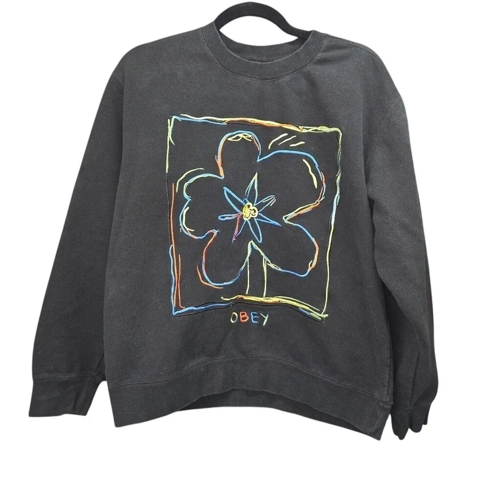 Obey Black Graphic Sweatshirt Neon Flower Logo Medium Crewneck Streetwear Skater